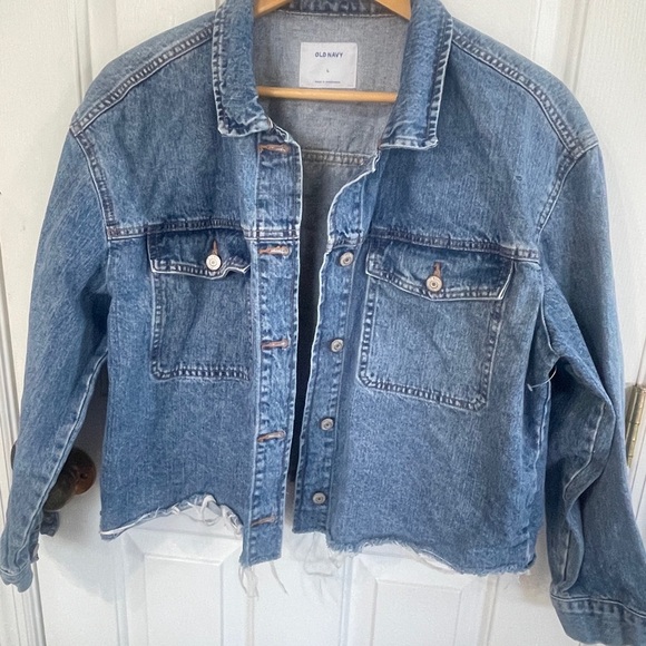Old Navy Large Denim Jean Jacket Women’s Cut Off Blue Distressed - Picture 1 of 7